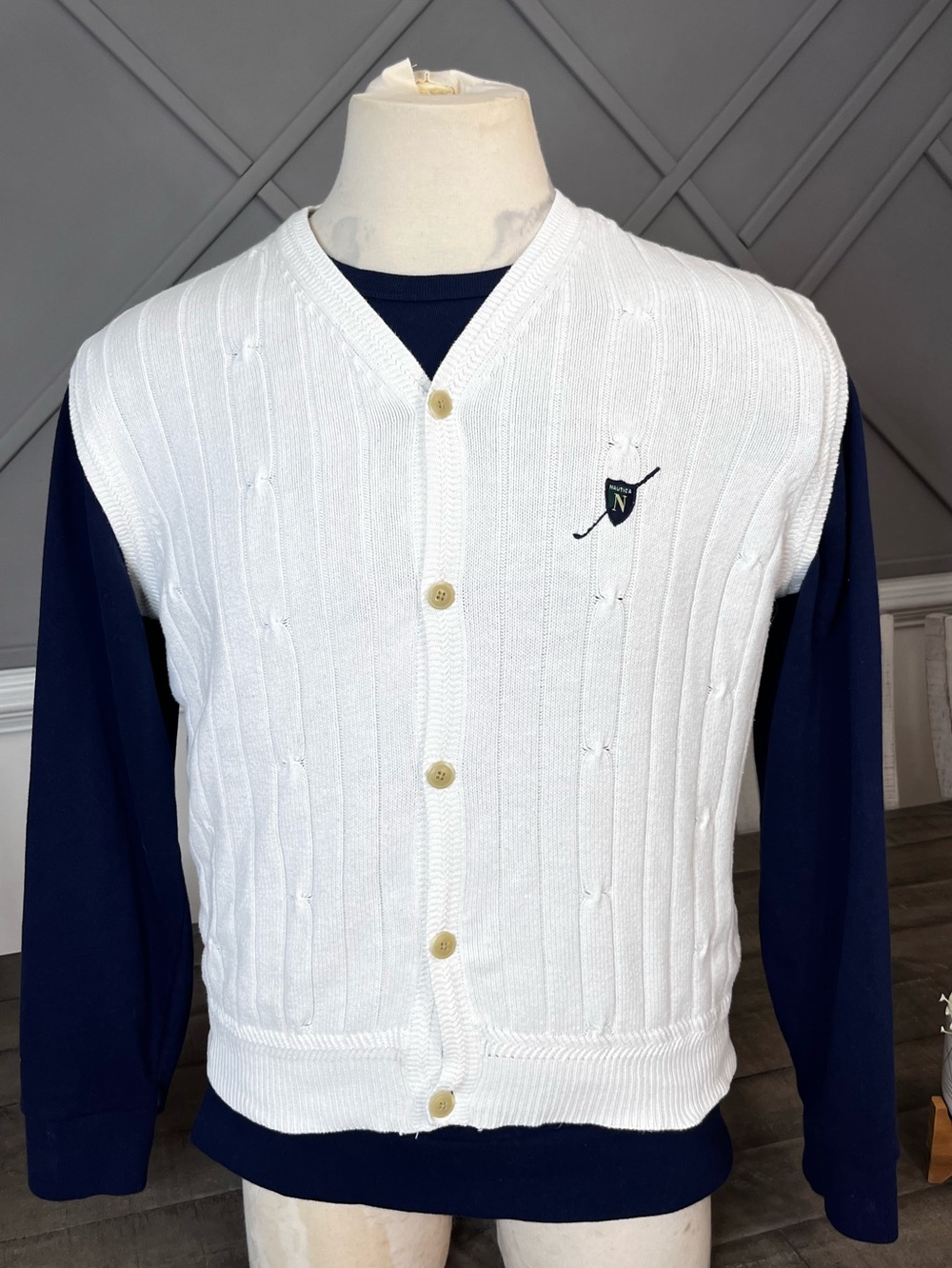 Vintage Nautica Cable-knit Button-Up V Neck Sweater Vest Sz L